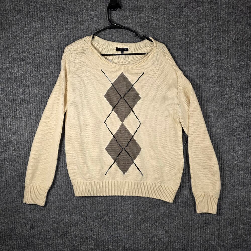 1.STATE NWT Womens Medium Cream Argyle Knit Sweater Long Sleeve Pullover